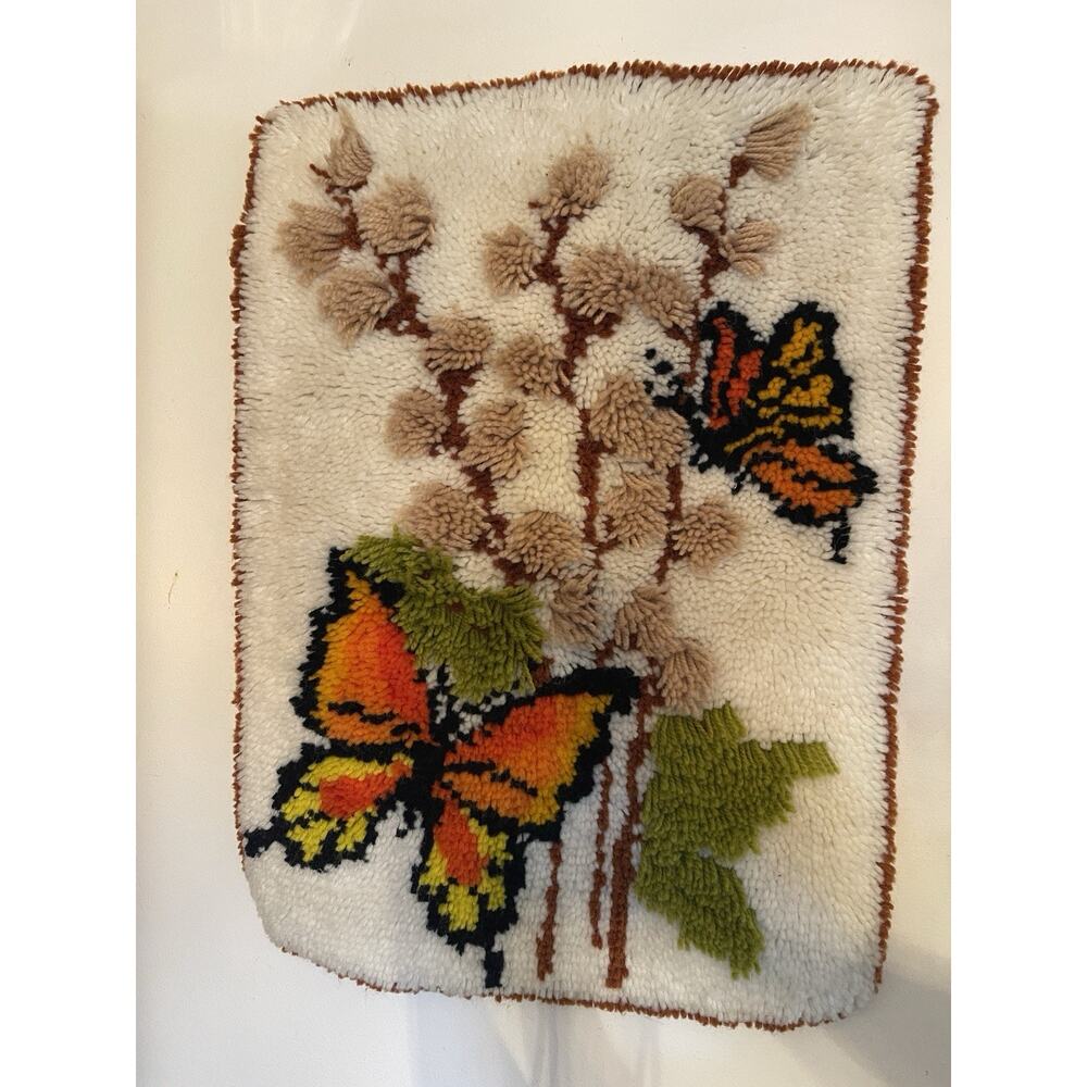 Butterfly Latch Hook Rug Wall Hanging 1970s Vintage Plush Boho Hippie Yarn Art